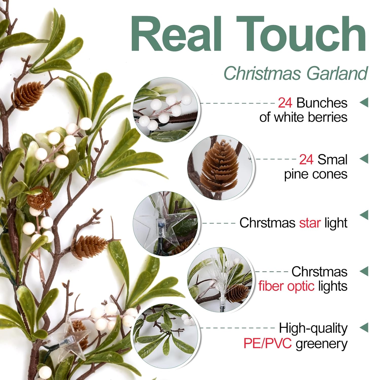 6.5FT Christmas Garland with Star Lights,Prelit Christmas Decorations,Lighted Garland with Battery Operated,Denser Realistic Olive Leaves Greenery Home Decor for Mantle Fireplace Table Indoor Outdoor