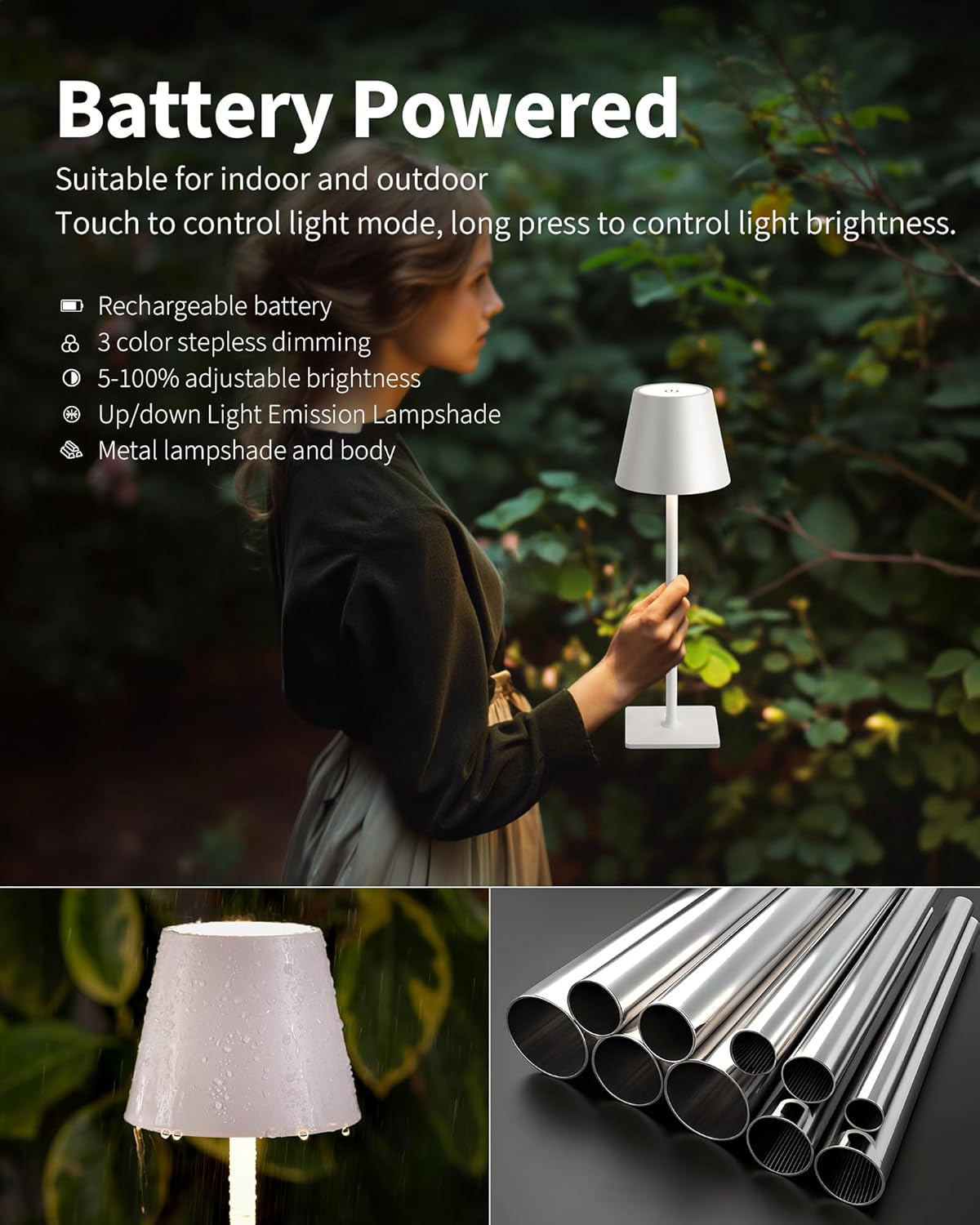 KDG 2 Pack Cordless Table Lamp, Portable LED Desk Lamp, 5000mAh Battery Operated, 3 Color Stepless Dimming Up, for Restaurant/Bedroom/Bars/Outdoor Party/Camping/Coffee Shop Night Light(White)