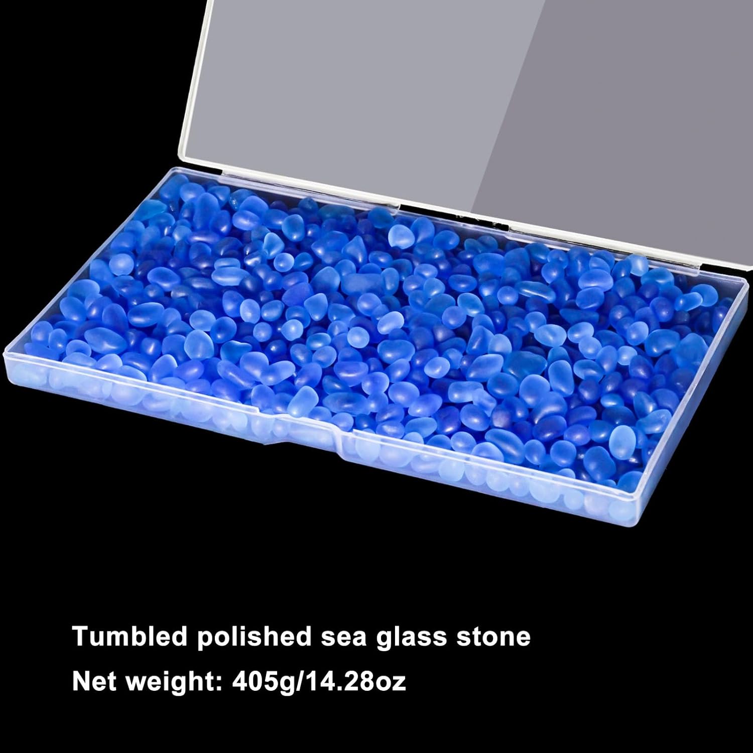 QEQEKAKA Sea Glass Stones for Crafts About 1LB (405g/14.28oz) Blue Glass Pebbles Gemstones Bulk for Beaching Wedding DIY Decoration Aquarium Turtle Tank Vase Filler (Lake Blue)