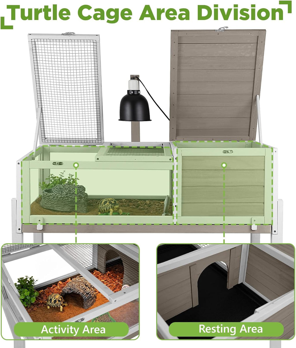 Standing Tortoise Habitat with Lamp Holder in Indoor & Outdoor, Wooden Turtle Enclosure Table with Detachable Legs, Leakproof Tray, Openable Roof for Tortle, Lizard, Chameleon, Grey