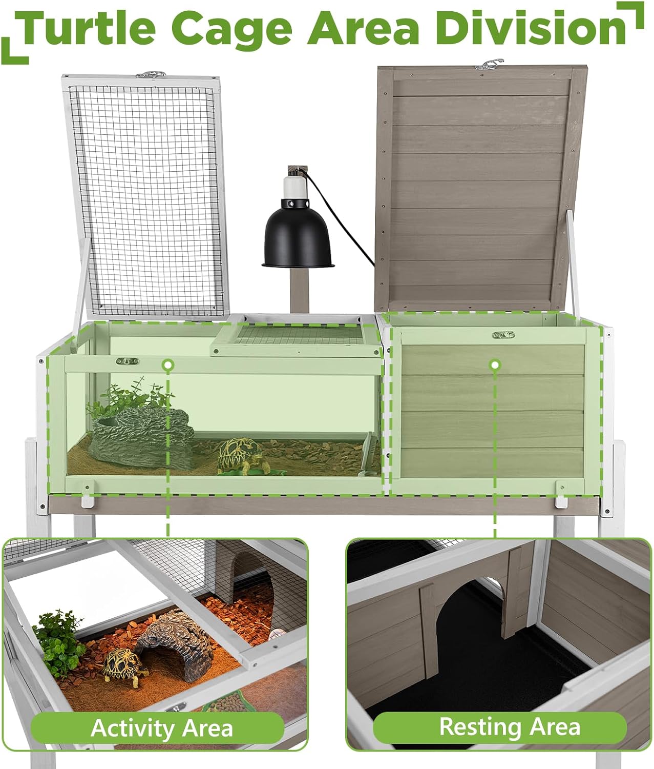Standing Tortoise Habitat with Lamp Holder in Indoor & Outdoor, Wooden Turtle Enclosure Table with Detachable Legs, Leakproof Tray, Openable Roof for Tortle, Lizard, Chameleon, Grey