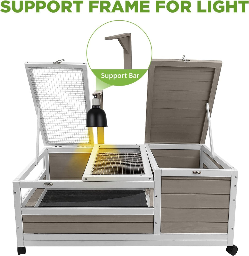 Tortoise Habitat with Lamp Holder in Indoor & Outdoor, Wooden Extensible Turtle Enclosure Table with 4 360° Lockable Wheels, Leakproof Tray, Openable Roof for Tortle, Lizard, Chameleon