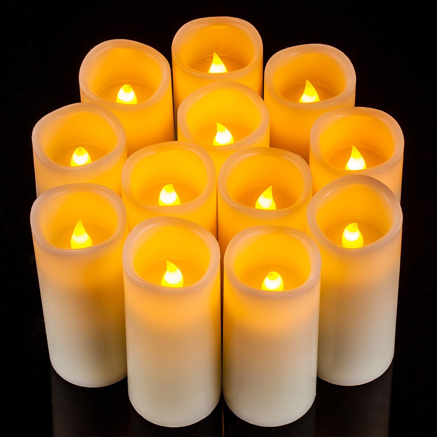Flameless Candles Flickering LED Candles Set of 12 (D:2.2" X H:5") Ivory Real Wax Pillar Battery Opeated Candles with 10-Key Remote and Cycling 24 Hours Timer