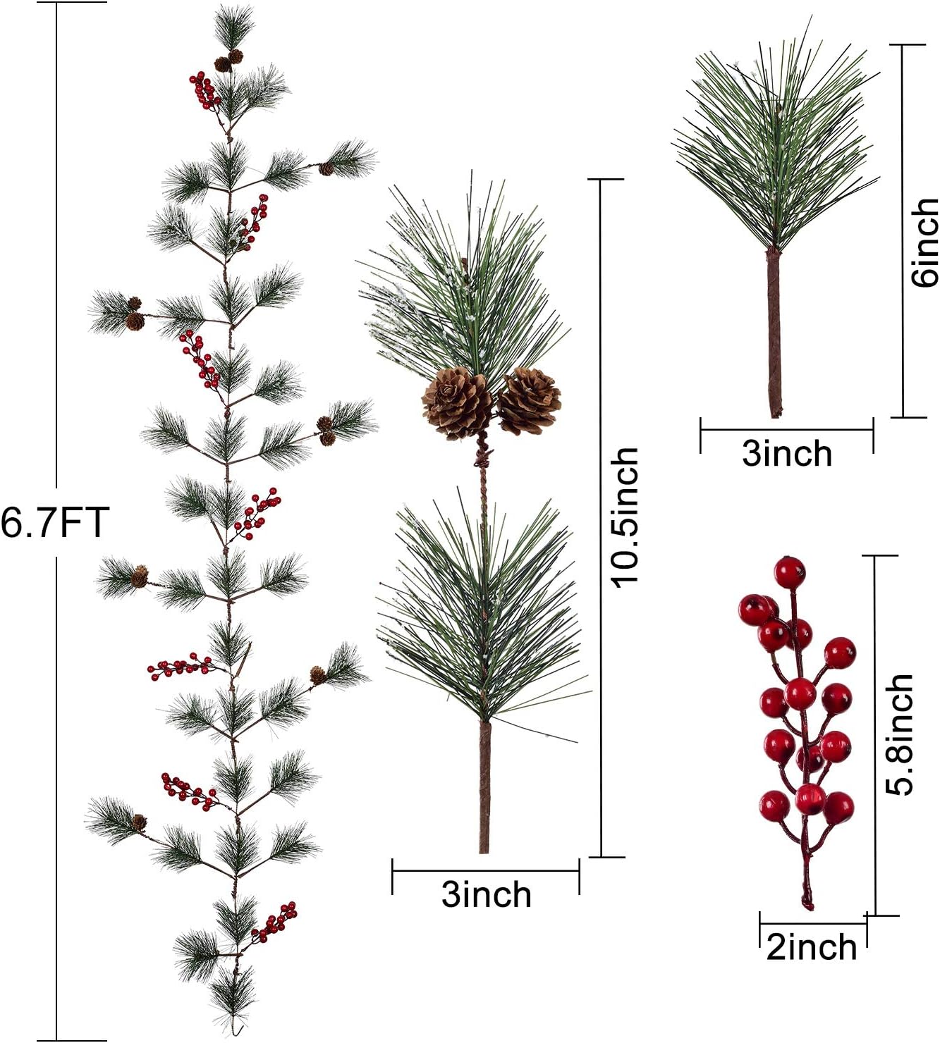 6 feet Christmas Pine Garland with Needles Berries Frosted Pinecones Winter Artificial Greenery Garland for Holiday Season Mantel Fireplace Table Runner Centerpiece Decoration