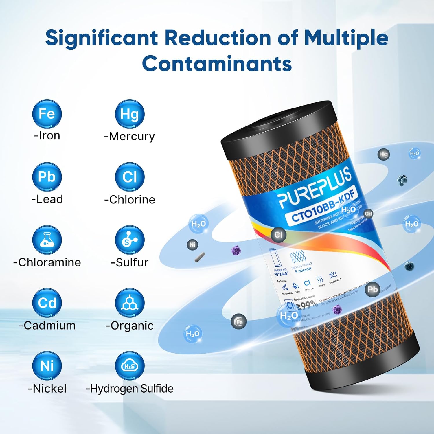 PUREPLUS 5 Micron 10" x 4.5" Whole House Coconut Shell Activated Carbon and KDF Water Filter, Heavy Metal Removal Replacement Water Filter, Compatible with GXWH40L, GXWH35F, BB10, CTO10BB-KDF, 1 PACK