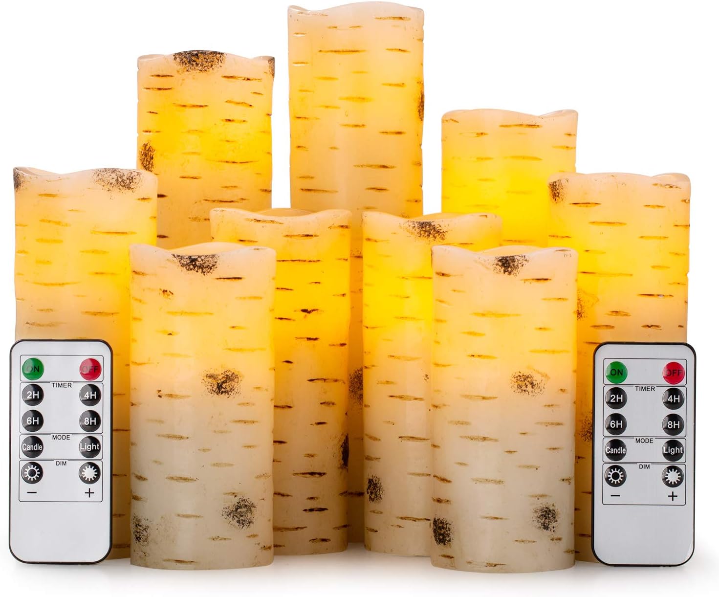 Flameless Flickering LED Candles with Birch Bark Effect - Set of 9 Battery-Operated Real Wax Pillar with 10-Key Remote Control - 2/4/6/8 Hour Timer