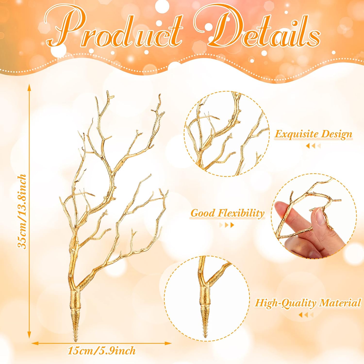 Geosar 13.8 Inch Small Manzanita Branches Plastic Faux Branches Artificial Antler Shaped Tree Branch Decorative Plant Twigs for Home Wedding Table Centerpiece Festival Decors(Gold,10 Pieces)