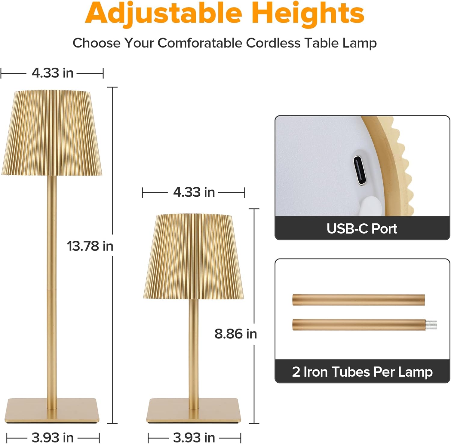 LUTEC 2 Pack Cordless Table Lamp,6000mAh Rechargeable Battery Operated Desk Lamp,Two Adjustable Heights,Waterproof, Touch Control & 3 Color Stepless Dimming for Restaurant/Bedroom/Bars/Outdoor (Gold)