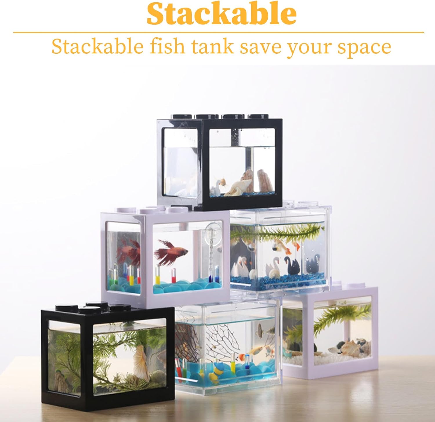 QTLCOHD 4Pcs Small Betta Fish Tank, 0.6 Gallon Stackable Mini Aquarium Tank, Rectangular Fish Bowl for Turtle, Reptile, Shrimp, Crab, Insects, Decoration (Black), Clear