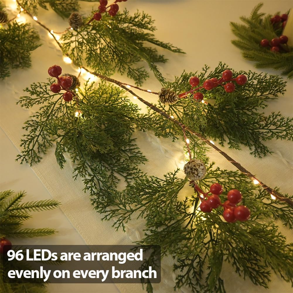 2025 New 6.56FT Christmas Garland Lights with 96 LED 8 Flash Modes Battery Operated Cypress Garland with Timer Lighted Xmas Pine Garland Christmas Decor for Mantle Fireplace Table Stairs Holiday