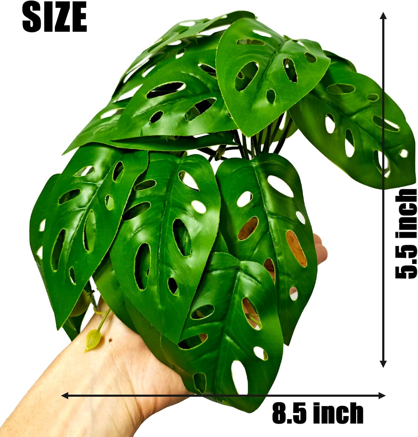 Woyrise Reptile Artificial Plants with Base, Terrarium Decor Amphibian Habitat Plant, Bearded Dragon Tank Accessories fit Gecko Lizard Chameleon Snake Frog - Monstera Adansonni