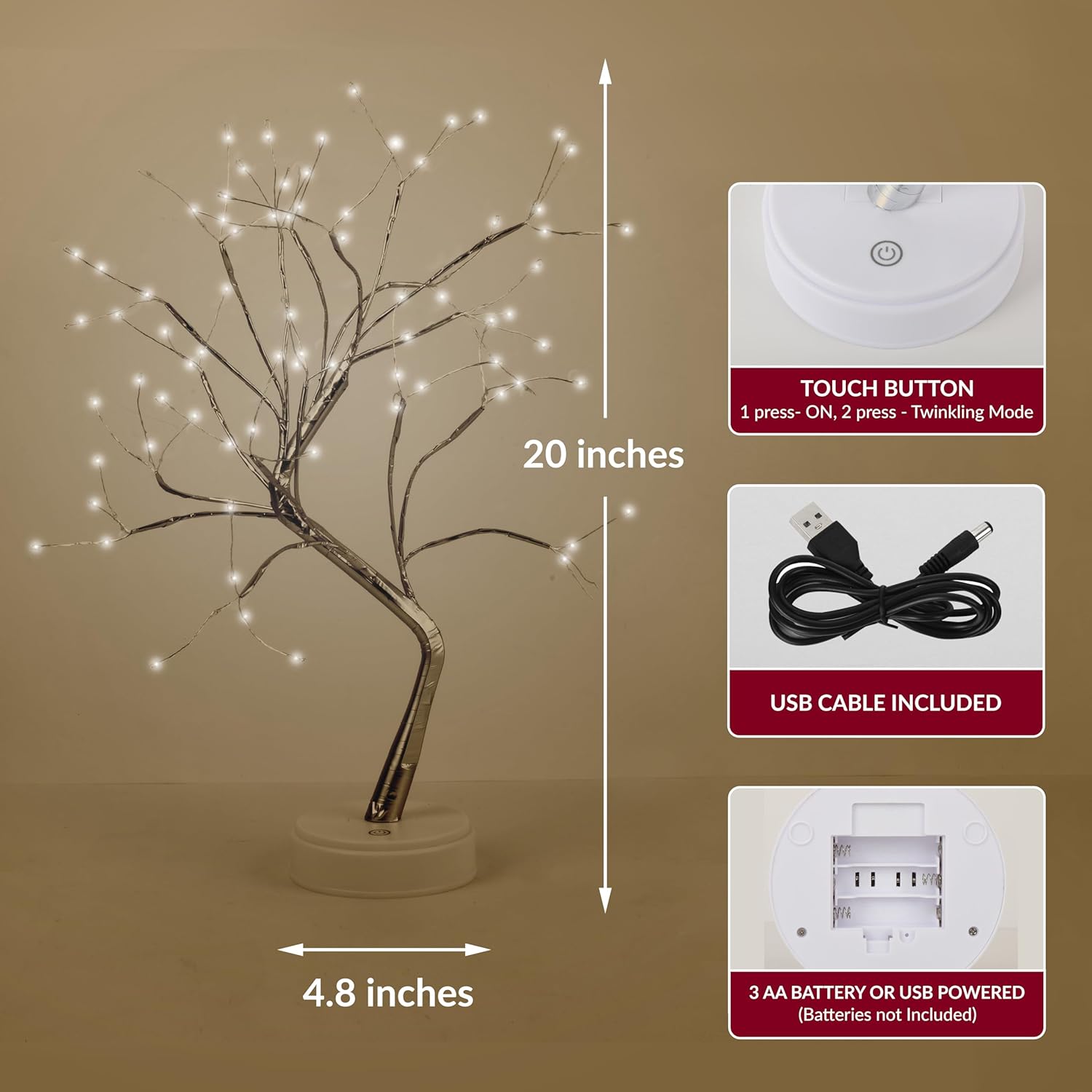 Twinkling Tree Fairy Light Spirit Tree Lamp Bonsai Tree Light, Fairy Light Tree, Cute Room Decor Aesthetic Decor, Night Light Lamp, Twinkle Tree, (Silver Branches 108 LED)