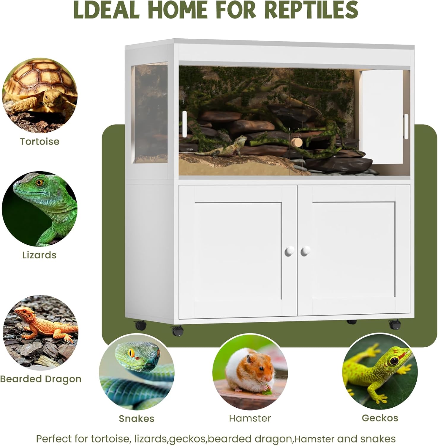 Large 60 Gallon Reptile Terrarium with Storage Cabinet and Sliding Door Handle, Reptile Tank with Wheels & Metal Mesh Roof Door – Ideal Habitat Enclosure for Snakes, Lizards, and Geckos
