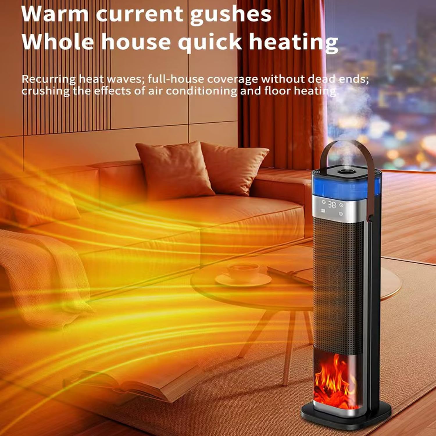 Space Heater Indoor, 25" 1500W PTC Ceramic Heater with atomization and humidification function, 3 Modes, 3D Flame, 12H Timer, 45° Oscillating, with Remote, Tower Heater for Office Bedroom