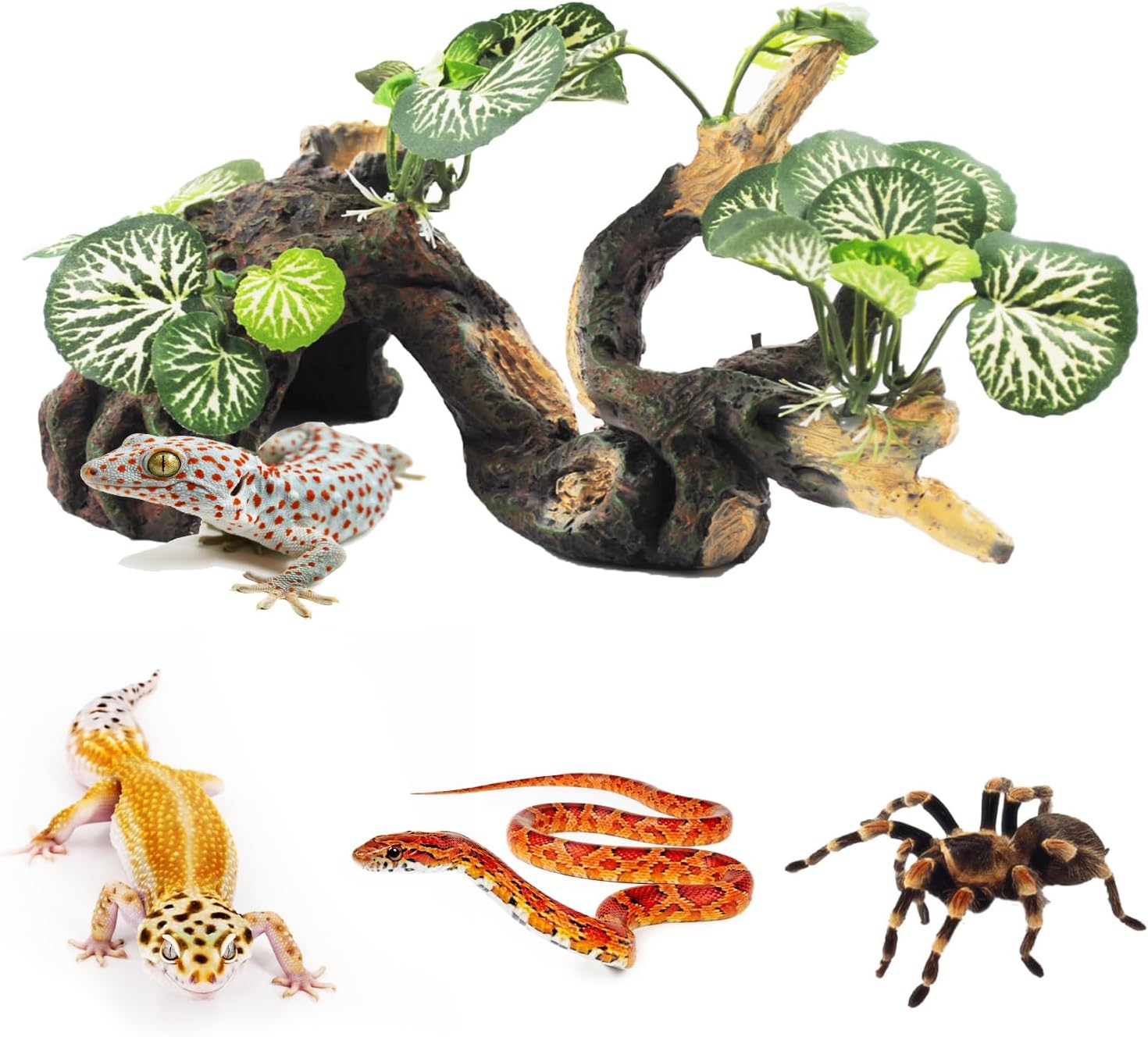 PINVNBY Branches for Reptiles,Crested Gecko Resin Climbing Tree Branch with Hideout Cave Bearded Dragon Tank Accessories Lizard Terrarium Habitat Plant Decorations for Snake Gecko Spider Frog(Green)