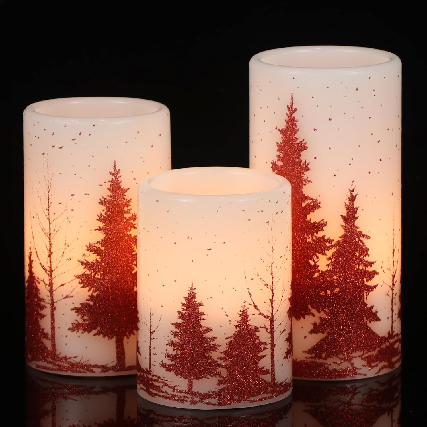 GenSwin Christmas Flameless Candles with Timer, Red Christmas Tree LED Flickering Candles Real Wax, 3 Pack Pillar Fake Candle for Winter Indoor Fireplace Christmas Decor Table(D3” x H4”5”6”)