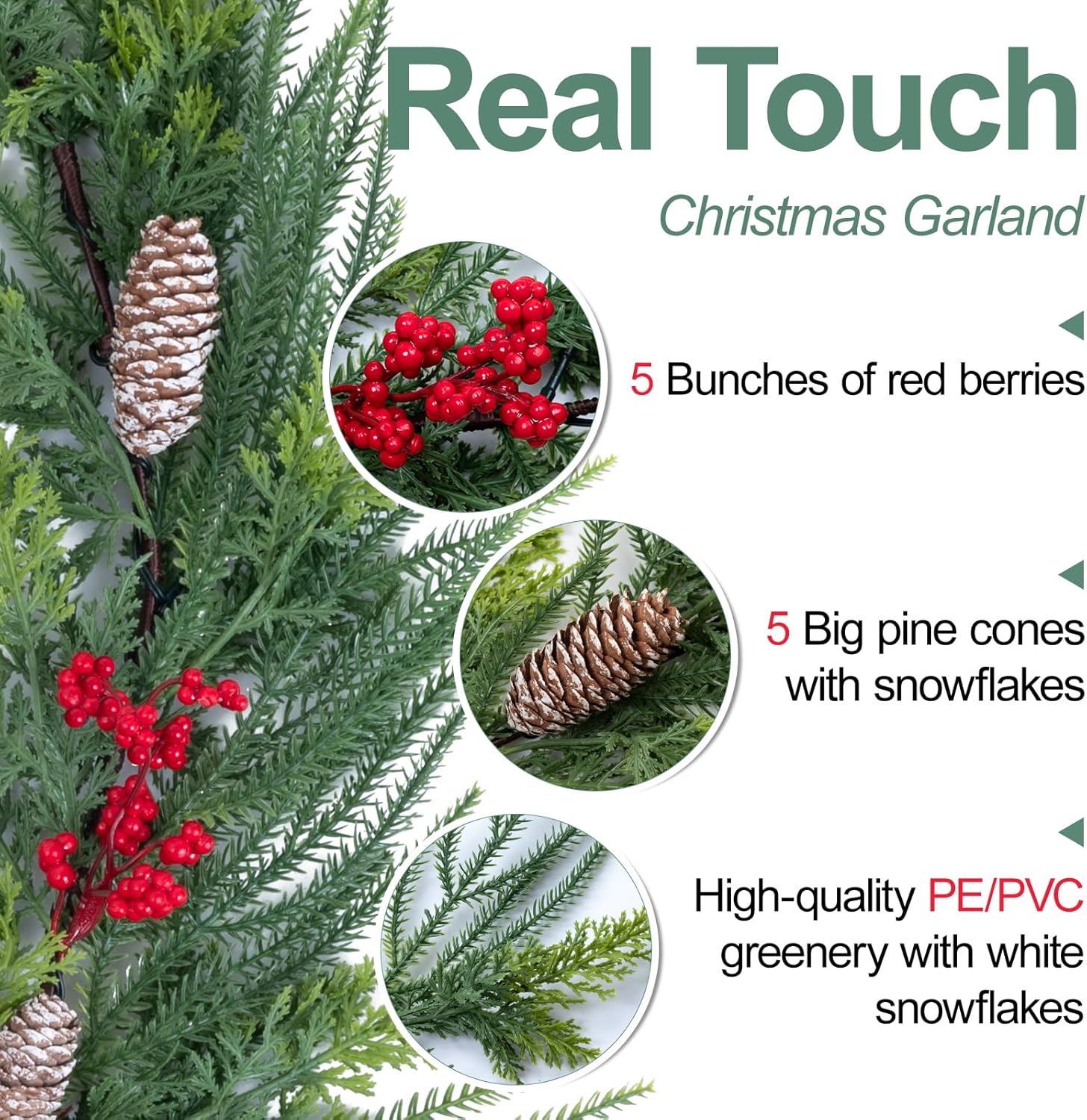 6.5FT Christmas Garland with Lights,Prelit Christmas Decorations,Lighted Garland with Battery Operated,Denser Realistic Norfolk Pine & Cypress Greenery Home Decor for Mantle Fireplace Table