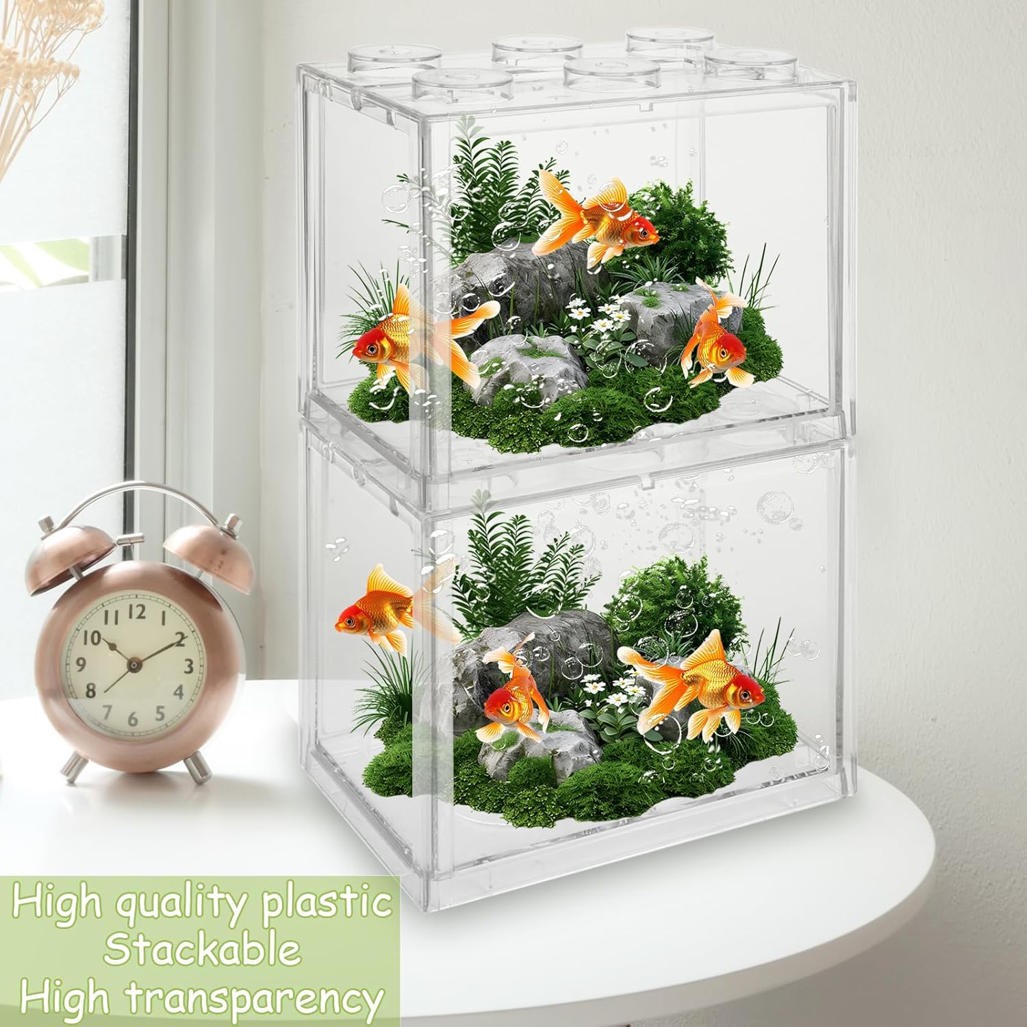 4PCS Plastic Small Betta Fish Tank, 0.6 Gallon Stackable Fish Bowl, Cube Fish Aquarium Tank for Shrimp, Turtle, Small Crab (Clear)