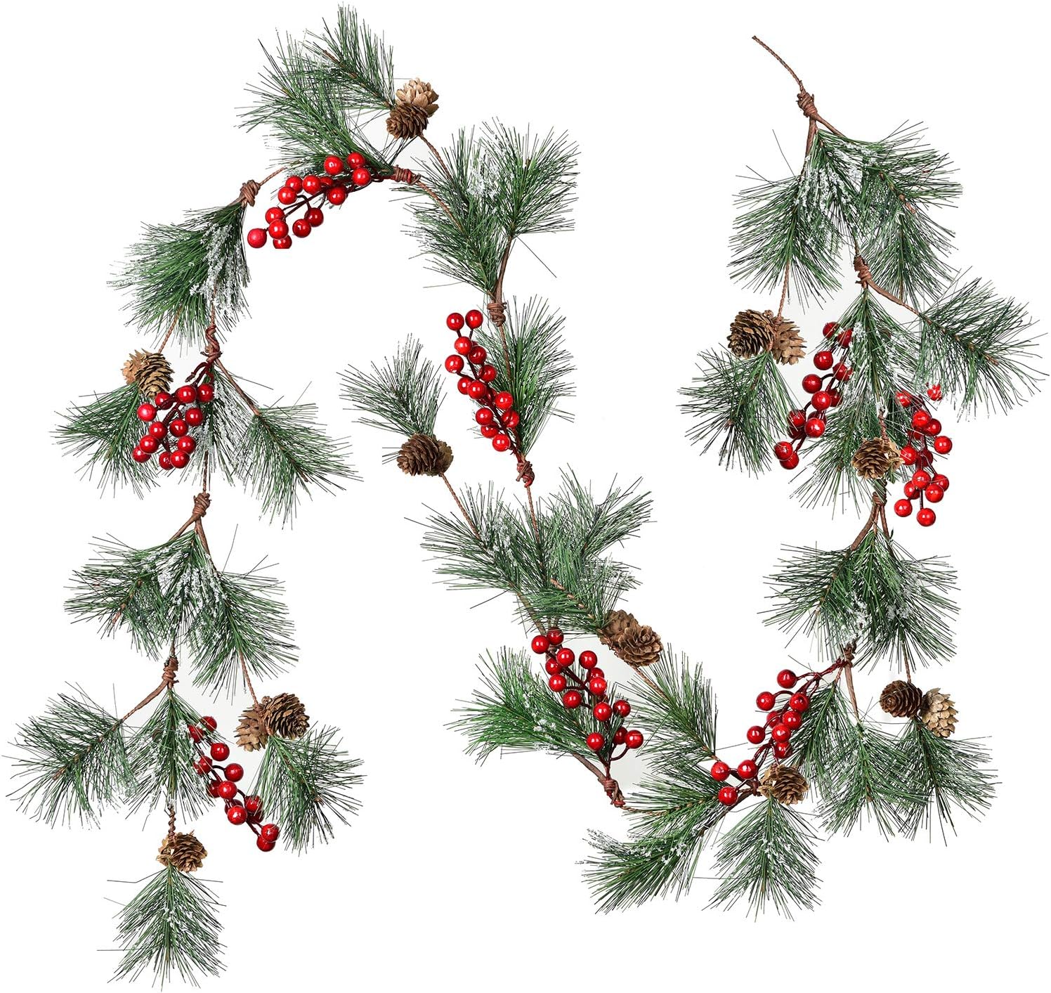 6 feet Christmas Pine Garland with Needles Berries Frosted Pinecones Winter Artificial Greenery Garland for Holiday Season Mantel Fireplace Table Runner Centerpiece Decoration