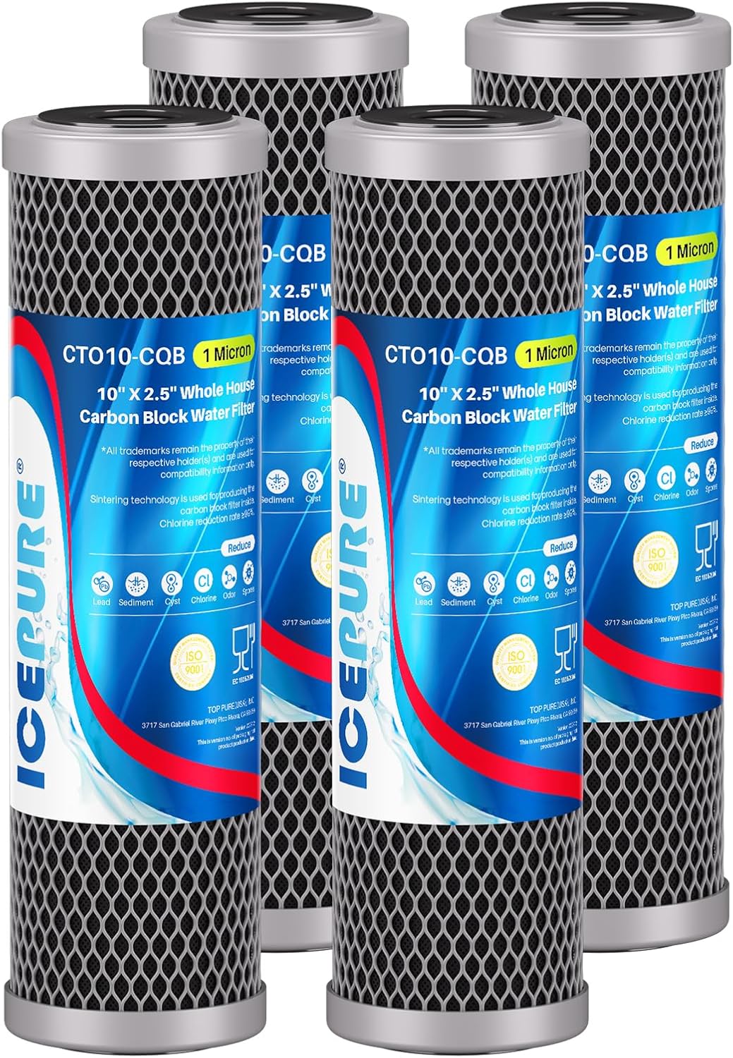 ICEPURE 1 Micron 10" x 2.5" Whole House Upgraded Coconut Shell Activated Water Filter Lead Remove Filter Cartridge Replacement for WFPFC8002, SCWH-5, WHCF-WHWC, FXWTC, CTO10-CQB, RO Unit, 4PACK