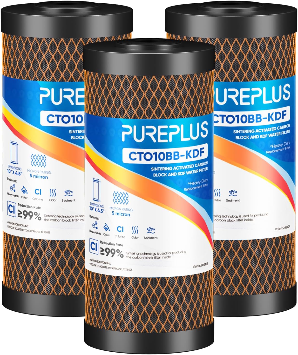 PUREPLUS 5 Micron 10" x 4.5" Whole House Coconut Shell Activated Carbon and KDF Water Filter, Heavy Metal Removal Replacement Water Filter, Compatible with GXWH40L, GXWH35F, BB10, CTO10BB-KDF, 3 PACK