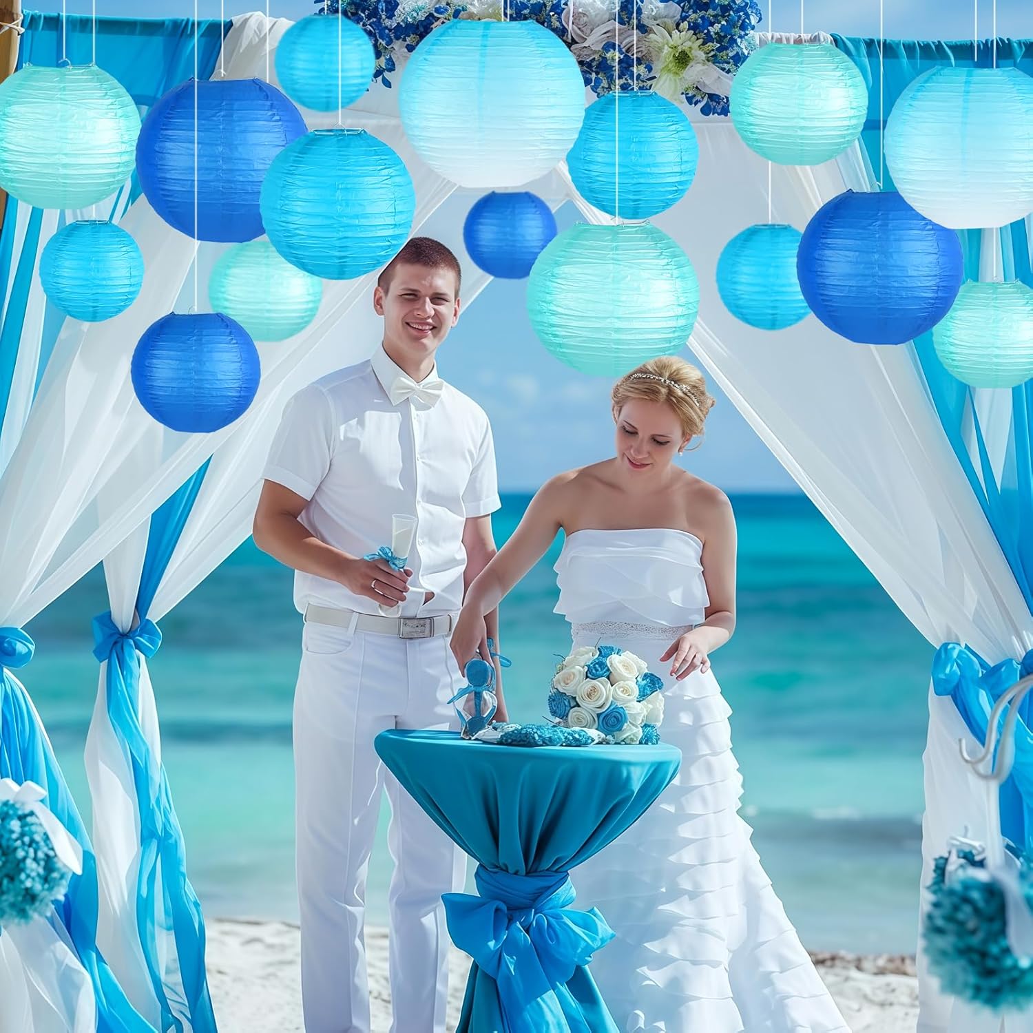 Paper Lanterns Decorative, Gradient Blue Round Hanging Paper Lantern Decorations for Anniversary Graduation Wedding Birthday Party Baby Shower Decorations, 15Pcs