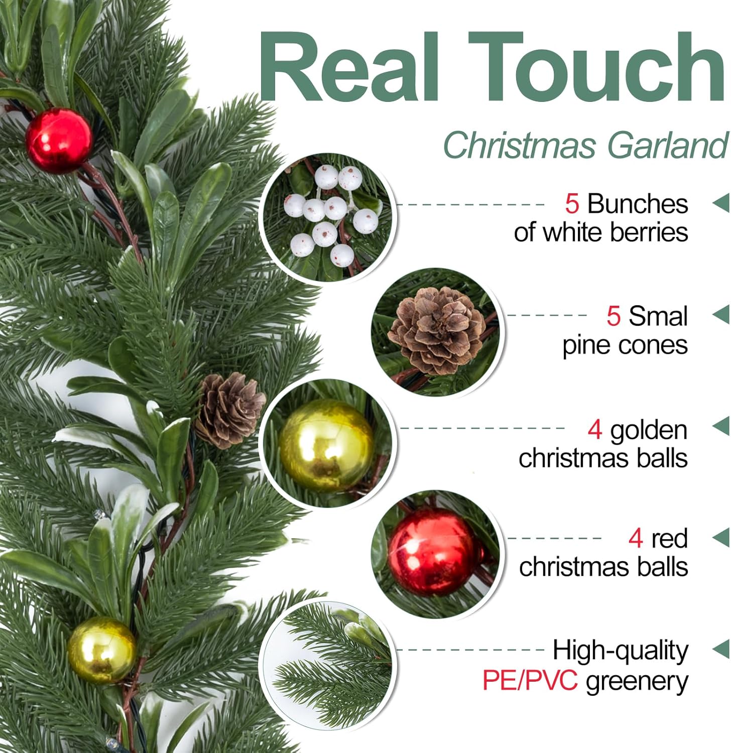 6.5FT Christmas Garland with Lights,Prelit Christmas Decorations,Lighted Garland with Battery Operated,Realistic Olive & Pine Needles Greenery Home Decor for Mantle Fireplace Table Indoor Outdoor