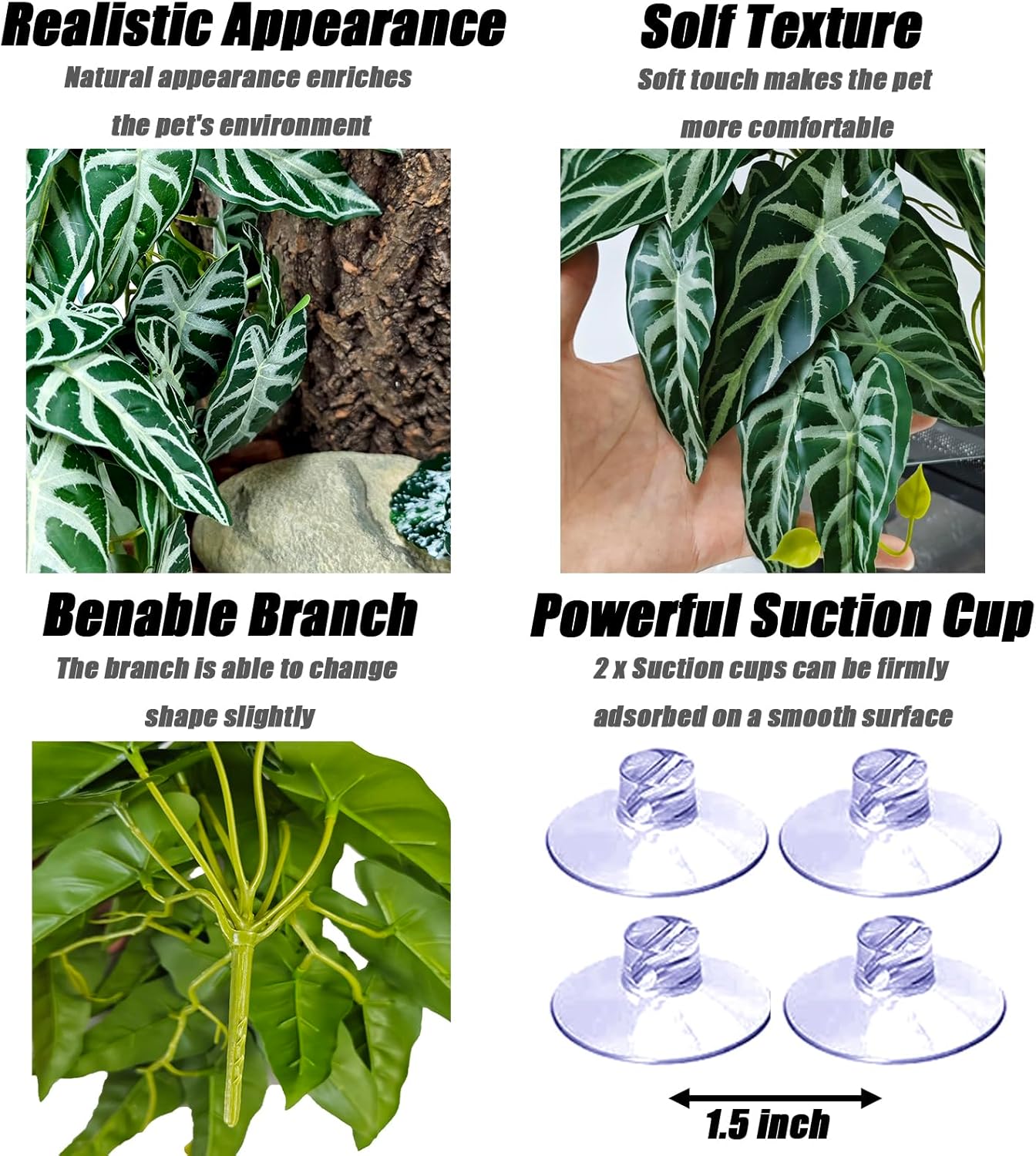 Woyrise 2 Pack Reptile Plants, Terrarium Hanging Plant Vines, Artificial Leaves with Suction Cup, Bearded Dragon Tank Accessories for Gecko Lizard Snake Frog Tortoise Decorations - Alocasia Velvet