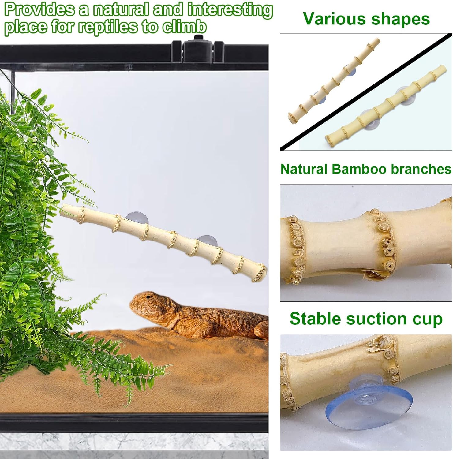 kathson Reptile Corner Branch Decor,Leopard Gecko Climbing Bamboo Wood with Suction Cup,Bearded Dragons Habitat Hanging Vines Plants Decoration,Lizards Tank Accessories for Amphibians,Snakes,Frogs
