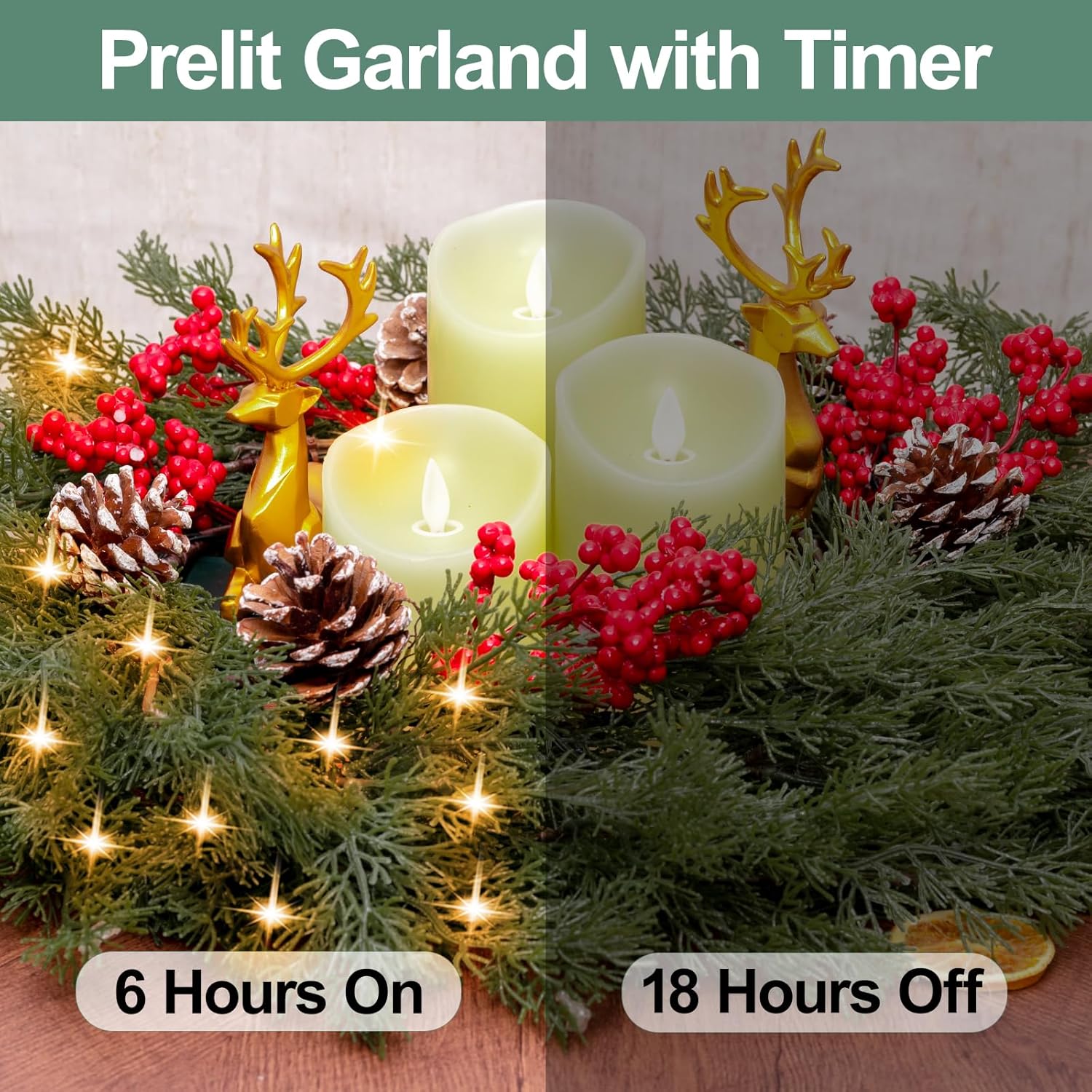 6.5FT Christmas Garland with Star Lights,Prelit Christmas Decorations,Lighted Garland with Battery Operated,Denser Realistic Cypress Xmas Greenery Home Decor for Mantle Fireplace Table Indoor Outdoor