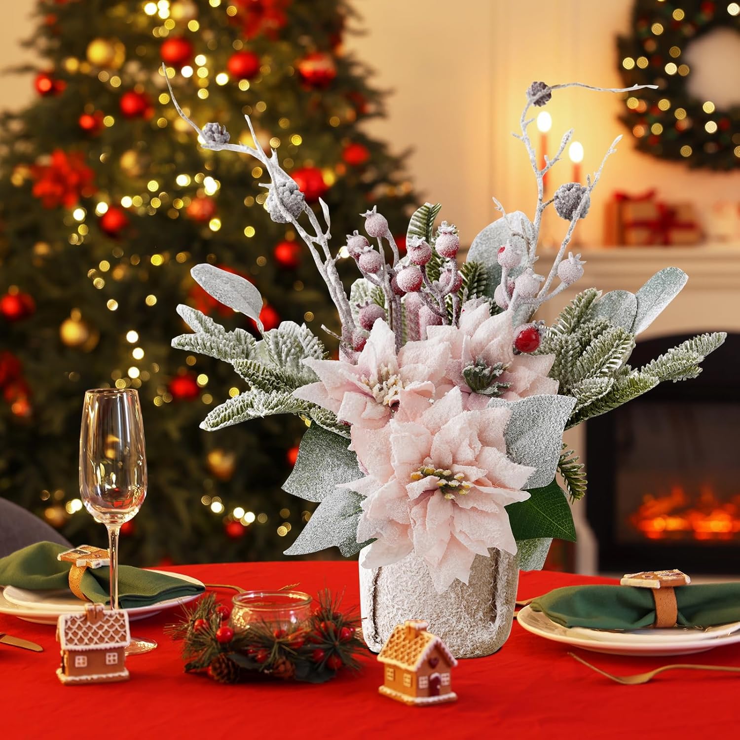 Artificial Poinsettias Christmas Flowers with Red Berry Pine Cone Branches Linen Base,12” Faux Poinsettias Plants for Home Office Table Fireplace Winter Indoor Christmas Decorations Pink