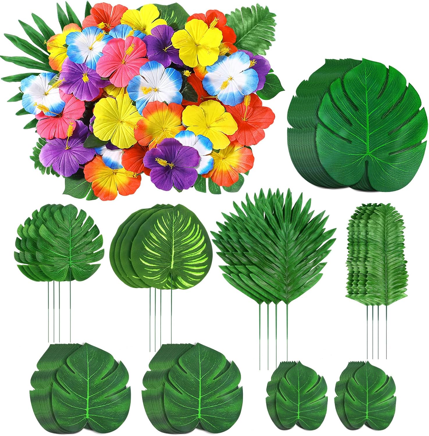 142Pcs Luau Party Decorations Fake Plant Palm Leave Monstera With Stems Hibiscus Flowers Artificial Tropical Leaves for Hawaiian Luau Safari Jungle Beach Wedding Birthday Theme Party Table Decorations