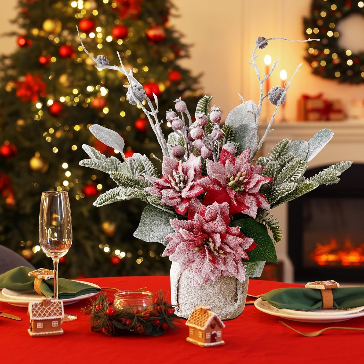 Artificial Poinsettias Christmas Flowers with Red Berry Pine Cone Branches Linen Base,12” Faux Poinsettias Plants for Home Office Table Fireplace Winter Indoor Christmas Decorations Red