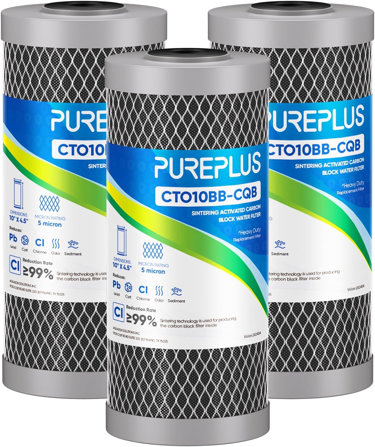 PUREPLUS 5 Micron 10" x 4.5" Whole House Activated Carbon Water Filter, Enhanced Lead Removal Carbon Replacement Cartridge, Compatible with GE GXWH40L, GXWH35F, BB10, FXHTC, FC15B, CTO10BB-CQB, 3PACK