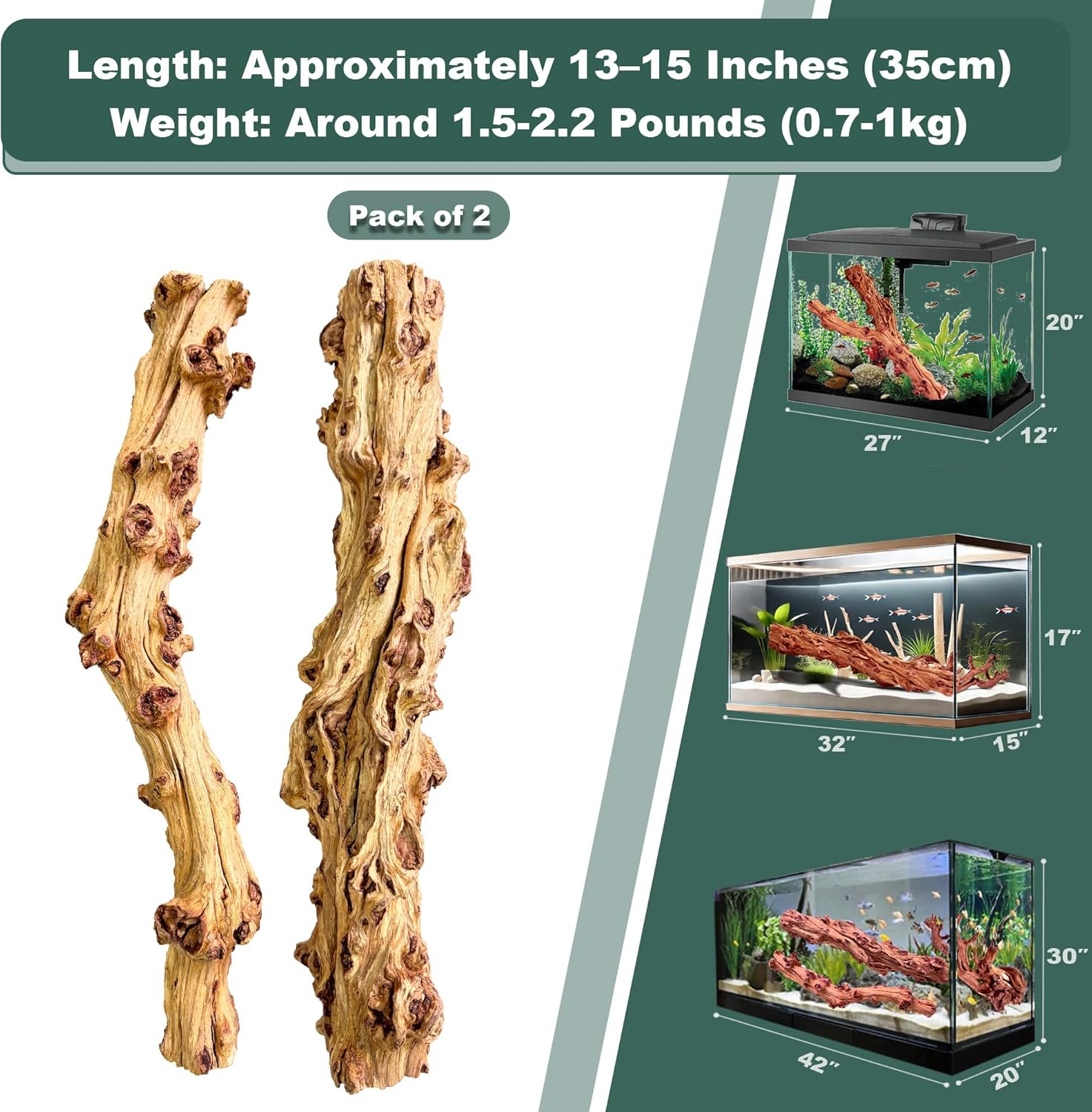 Natural Wood Driftwood for Aquarium Fish Tank Decor,Assorted Driftwood Trunk Branch for Reptile Tank Decor (SLM-Trunk M (13 to15 Inch)-Pack of 2)