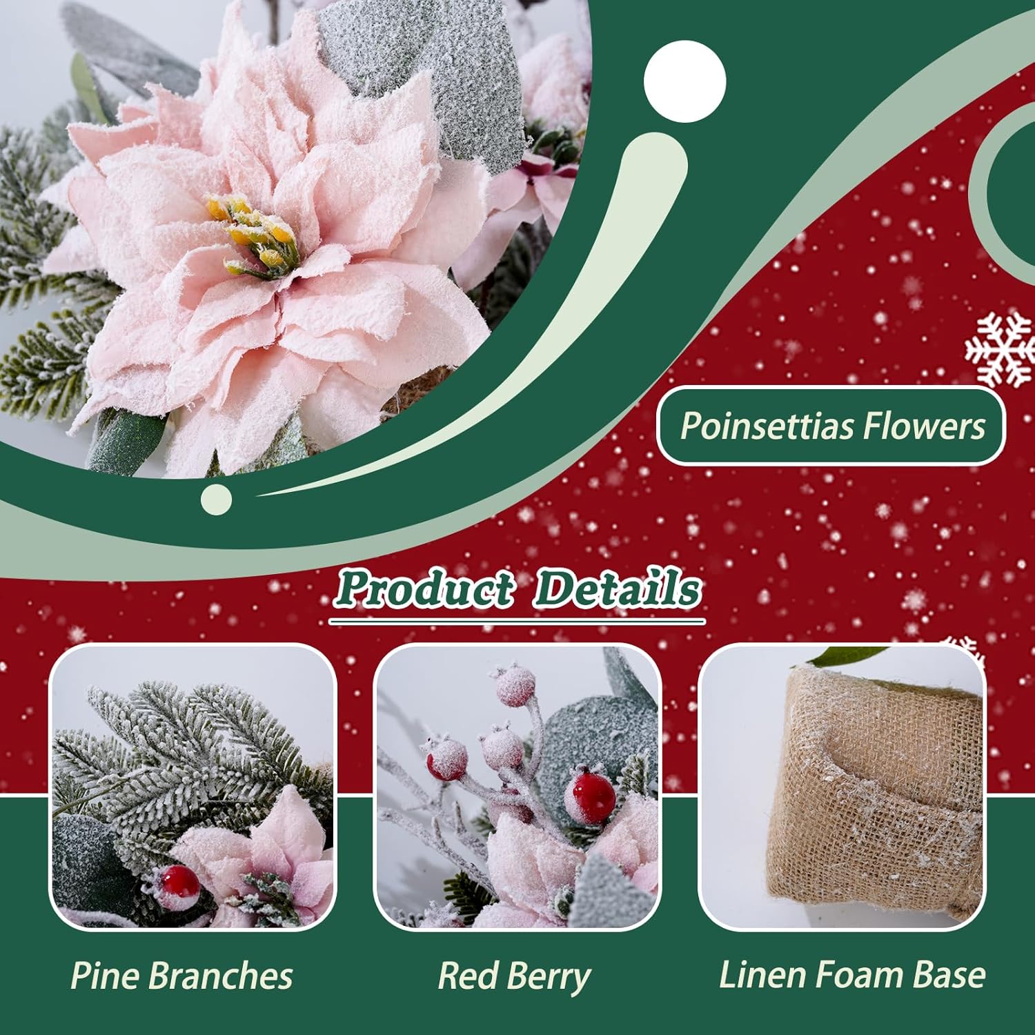 Artificial Poinsettias Christmas Flowers with Red Berry Pine Cone Branches Linen Base,12” Faux Poinsettias Plants for Home Office Table Fireplace Winter Indoor Christmas Decorations Pink