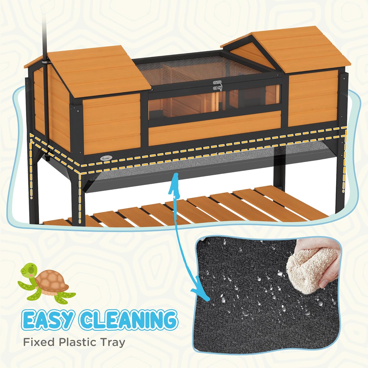 PawHut Tortoise Habitat with Adjustable Lamp Holder, Wooden Tortoise Enclosure with Storage Shelf, Dual Main Houses, Attached Tray, Openable Lid, Yellow