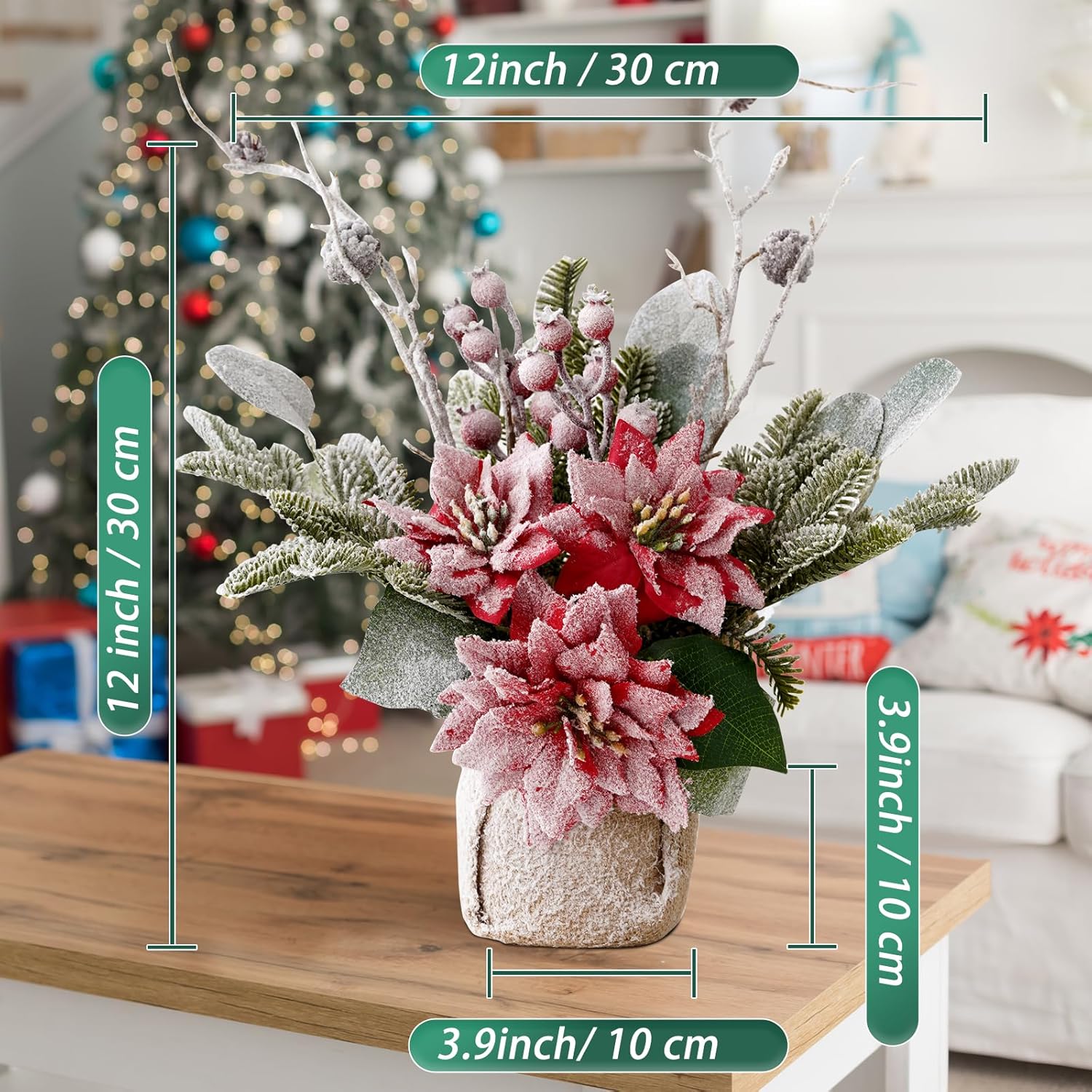 Artificial Poinsettias Christmas Flowers with Red Berry Pine Cone Branches Linen Base,12” Faux Poinsettias Plants for Home Office Table Fireplace Winter Indoor Christmas Decorations Red