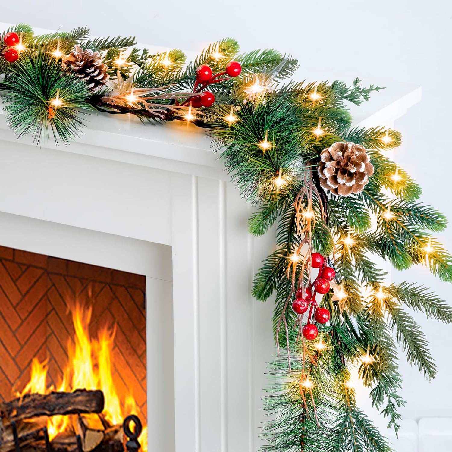 6.5FT Christmas Garland with Star Lights,Prelit Christmas Decorations,Lighted Garland with Battery Operated,Denser Realistic Pine Needles Greenery Home Decor for Mantle Fireplace Table Indoor Outdoor