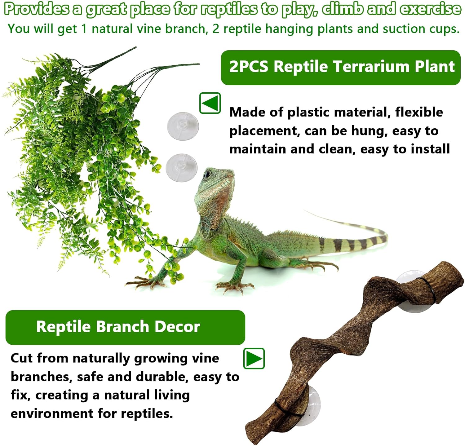 kathson Reptile Corner Branch & Hanging Plants Decor, Bearded Dragons Climbing Vine Branches,Tank Climb Branch with Terrarium Plant Accessories Ornament for Amphibians, Lizards, Snakes, Geckos, Frogs