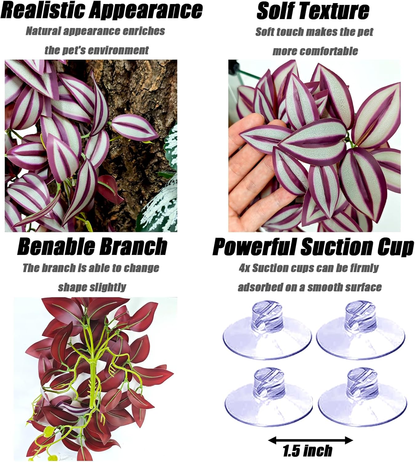 Woyrise 2 Pack Reptile Plants, Terrarium Hanging Plant Vines, Artificial Leaves with Suction Cup, Bearded Dragon Tank Accessories for Gecko Lizard Snake Frog Tortoise Decorations - Zebrina Purple