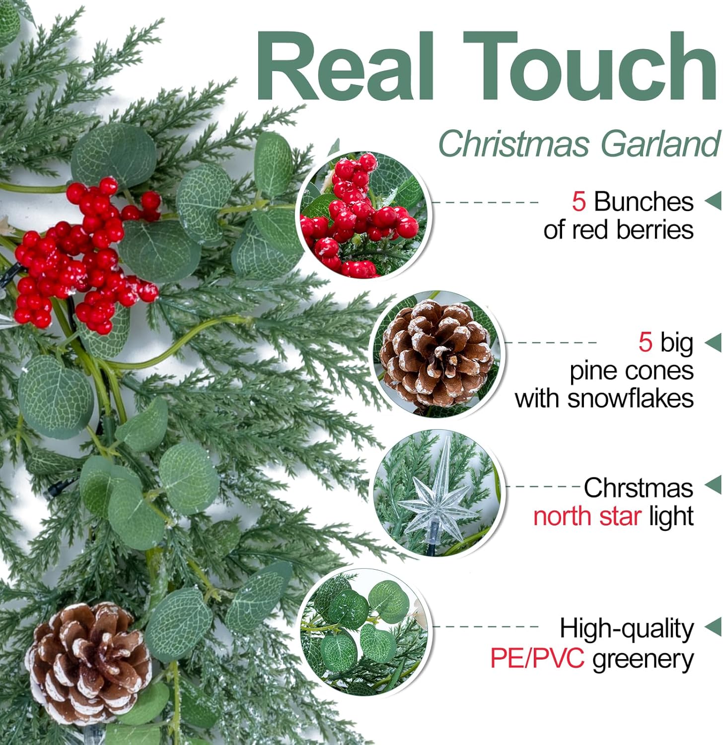 6.5FT Christmas Garland with Star Lights,Prelit Christmas Decorations,Lighted Garland with Battery Operated,Denser Realistic Eucalyptus Greenery Home Decor for Mantle Fireplace Table Indoor Outdoor