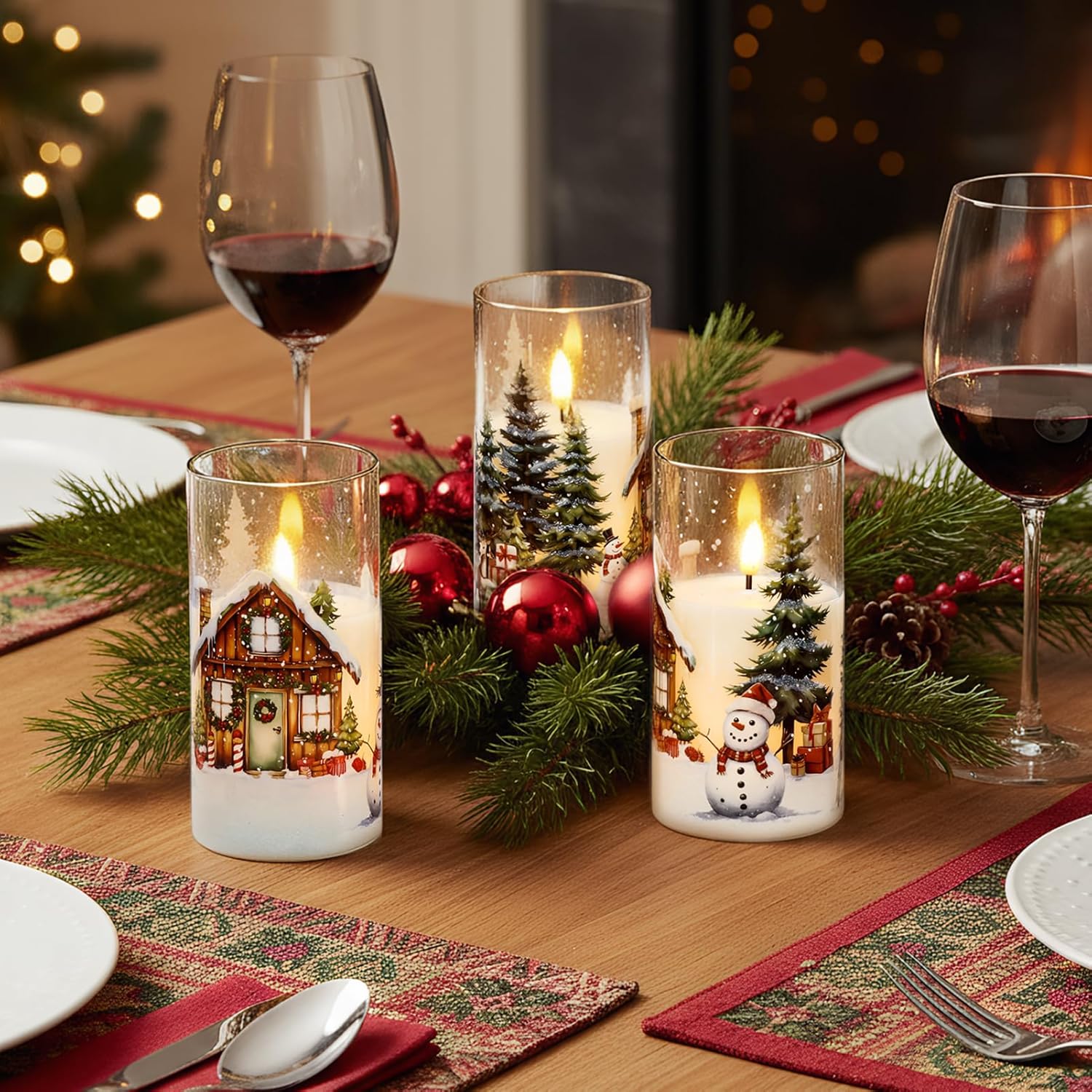 GenSwin Christmas Flameless Candles with Remote Timer, Set of 2 Christmas LED Glass Battery Operated Candles with Cedar, Snowman, Reindeer, Snowy House Decals for Holiday Winter Home Decor(D3” x H6”)