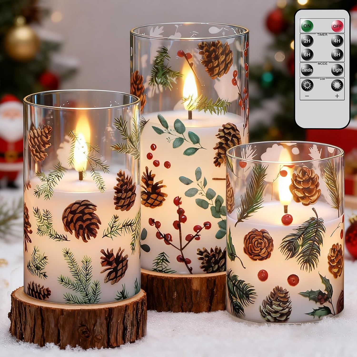 GenSwin Christmas Flameless Candles Battery Operated with Pinecone Decals, 3 Pcs Glass Flameless Candles with Remote Timer and 3D Flickering Flame for Christmas Holiday Decor(Set of 3, D3” x 4”5”6”)