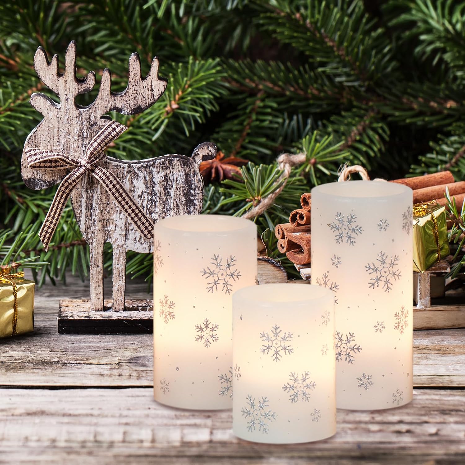 GenSwin Christmas Flameless Candles with Timer, LED Flickering Candles Real Wax with Silver Snowflake Decals, 3 Pack Pillar Candle for Winter Indoor Fireplace Christmas Decor(D3” x H4”5”6”)