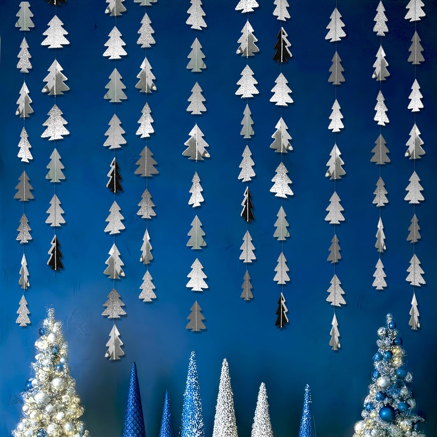 Cheerland Silver Tree Garland for Woodland Theme Party Decoration Xmas Christmas Hanging Streamer Backdrop Ceiling Tree Garland Decor for Baby Shower Christmas Camping Birthday Party Decorations