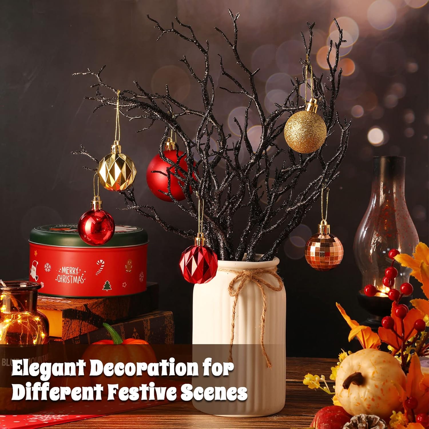 Geosar 13.8 Inch Small Manzanita Branches Plastic Faux Branches Artificial Antler Shaped Tree Branch Decorative Plant Twigs for Home Wedding Table Centerpiece Festival Decors(Glitter Black,10 Pieces)