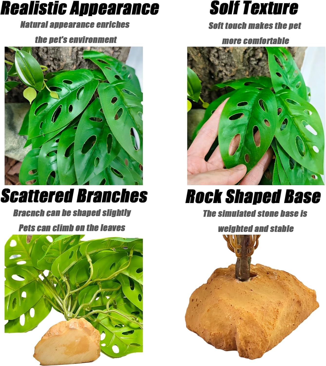 Woyrise Reptile Artificial Plants with Base, Terrarium Decor Amphibian Habitat Plant, Bearded Dragon Tank Accessories fit Gecko Lizard Chameleon Snake Frog - Monstera Adansonni