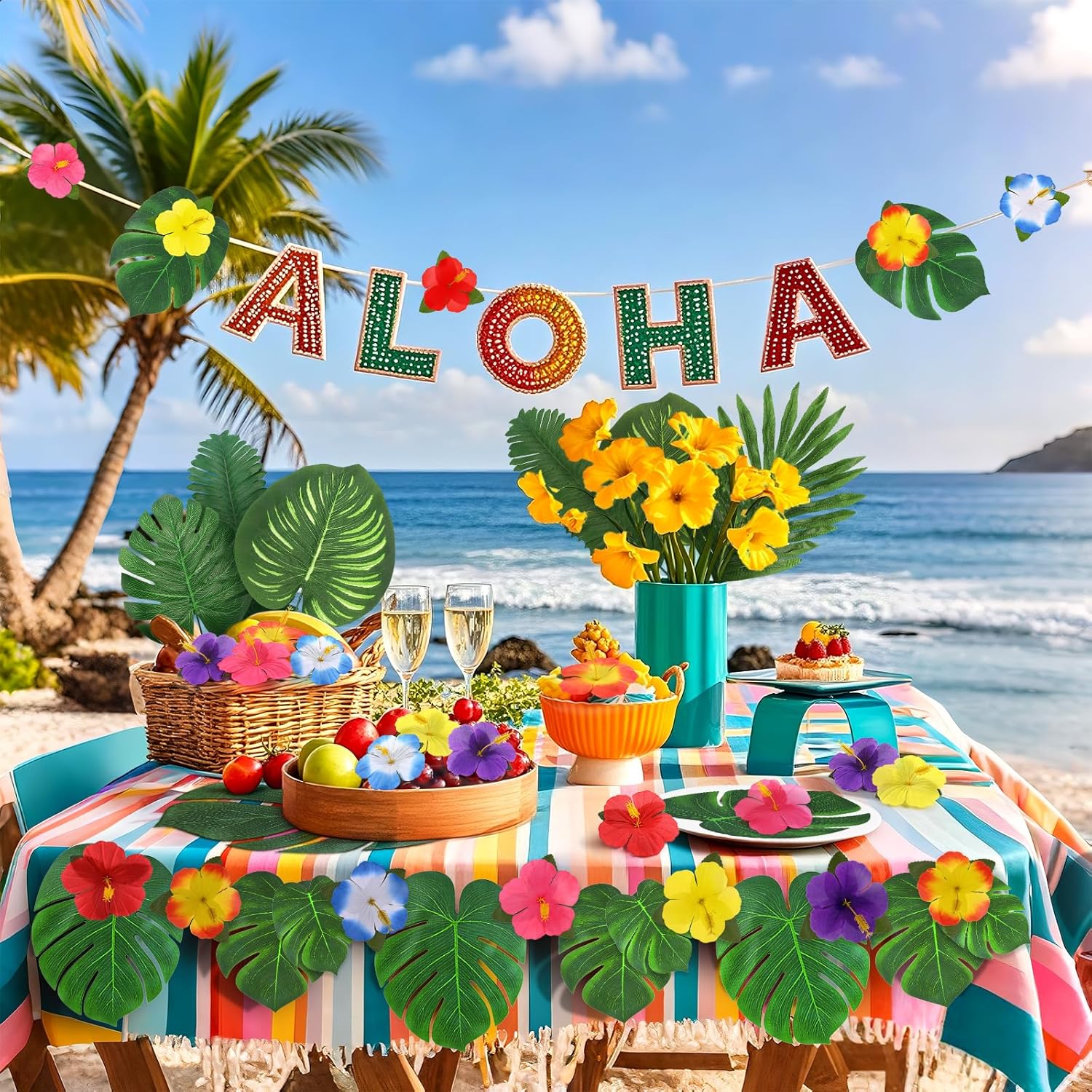 142Pcs Luau Party Decorations Fake Plant Palm Leave Monstera With Stems Hibiscus Flowers Artificial Tropical Leaves for Hawaiian Luau Safari Jungle Beach Wedding Birthday Theme Party Table Decorations