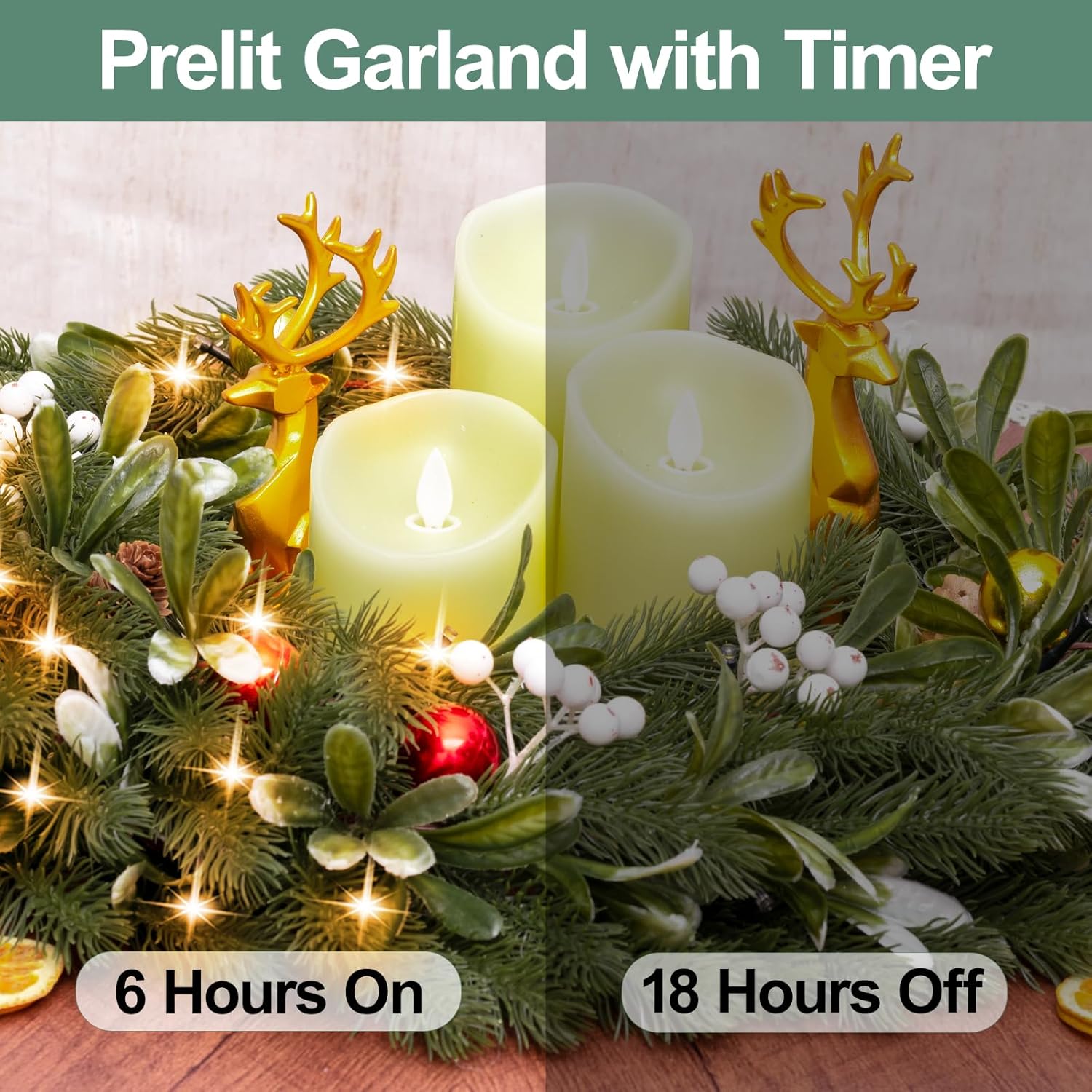 6.5FT Christmas Garland with Lights,Prelit Christmas Decorations,Lighted Garland with Battery Operated,Realistic Olive & Pine Needles Greenery Home Decor for Mantle Fireplace Table Indoor Outdoor